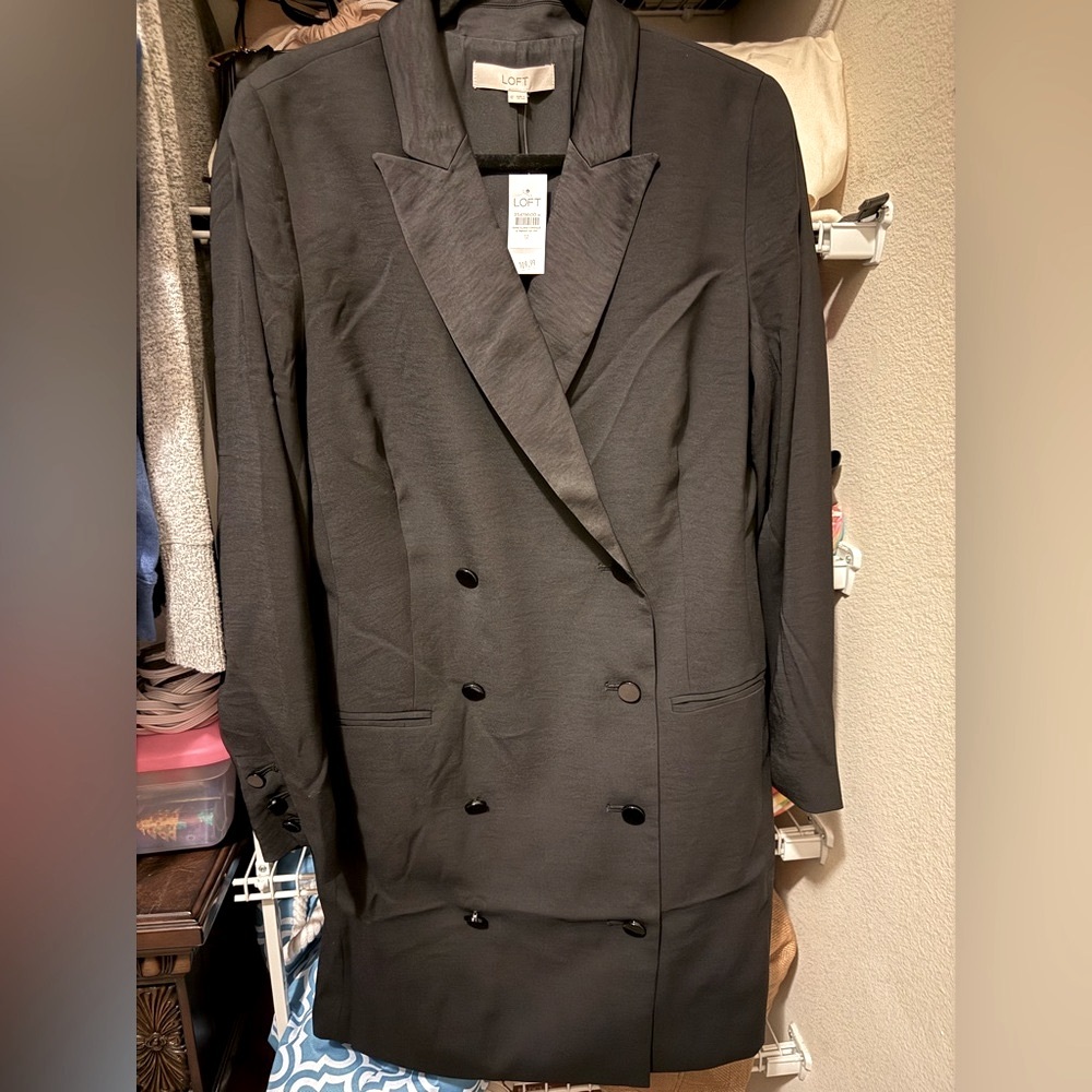 LOFT Black Double-Breasted Blazer Dress with Peaked Lapels